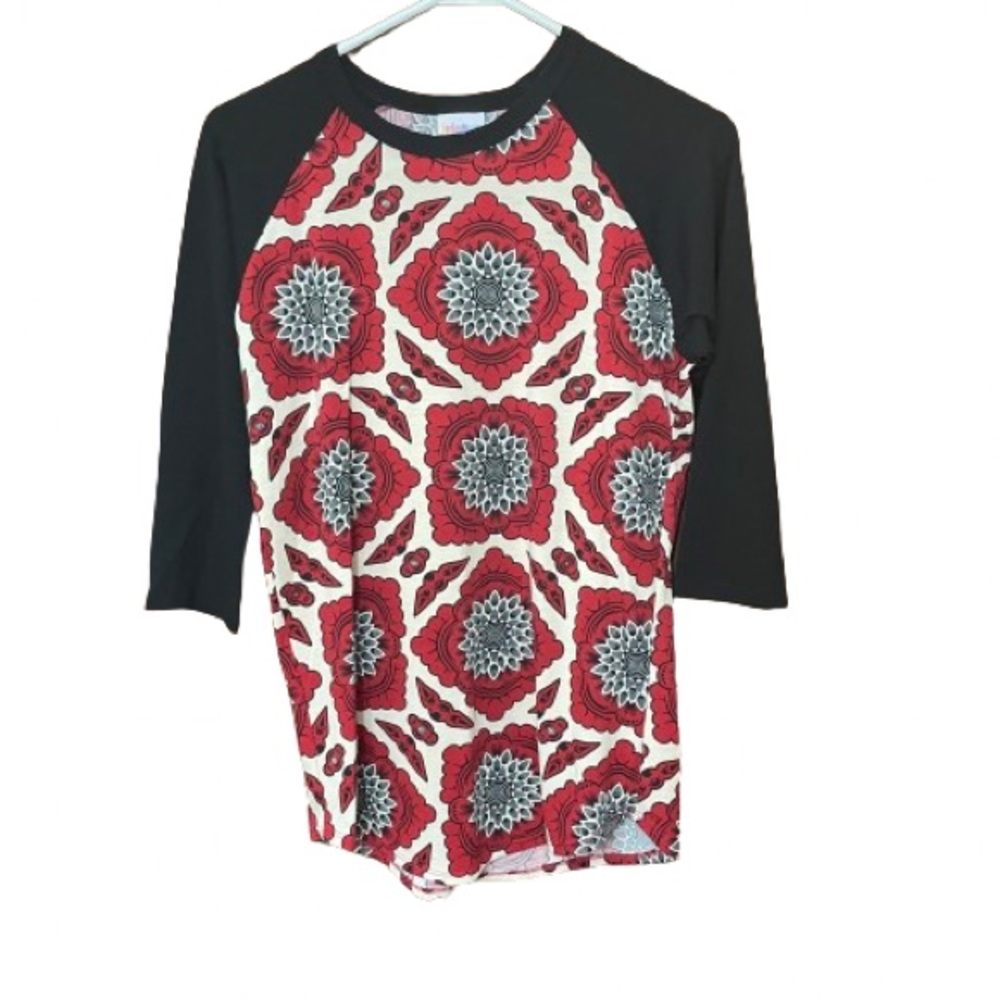 LuLaRoe Randy Baseball Tee Red Black Cream Floral Print Size Small